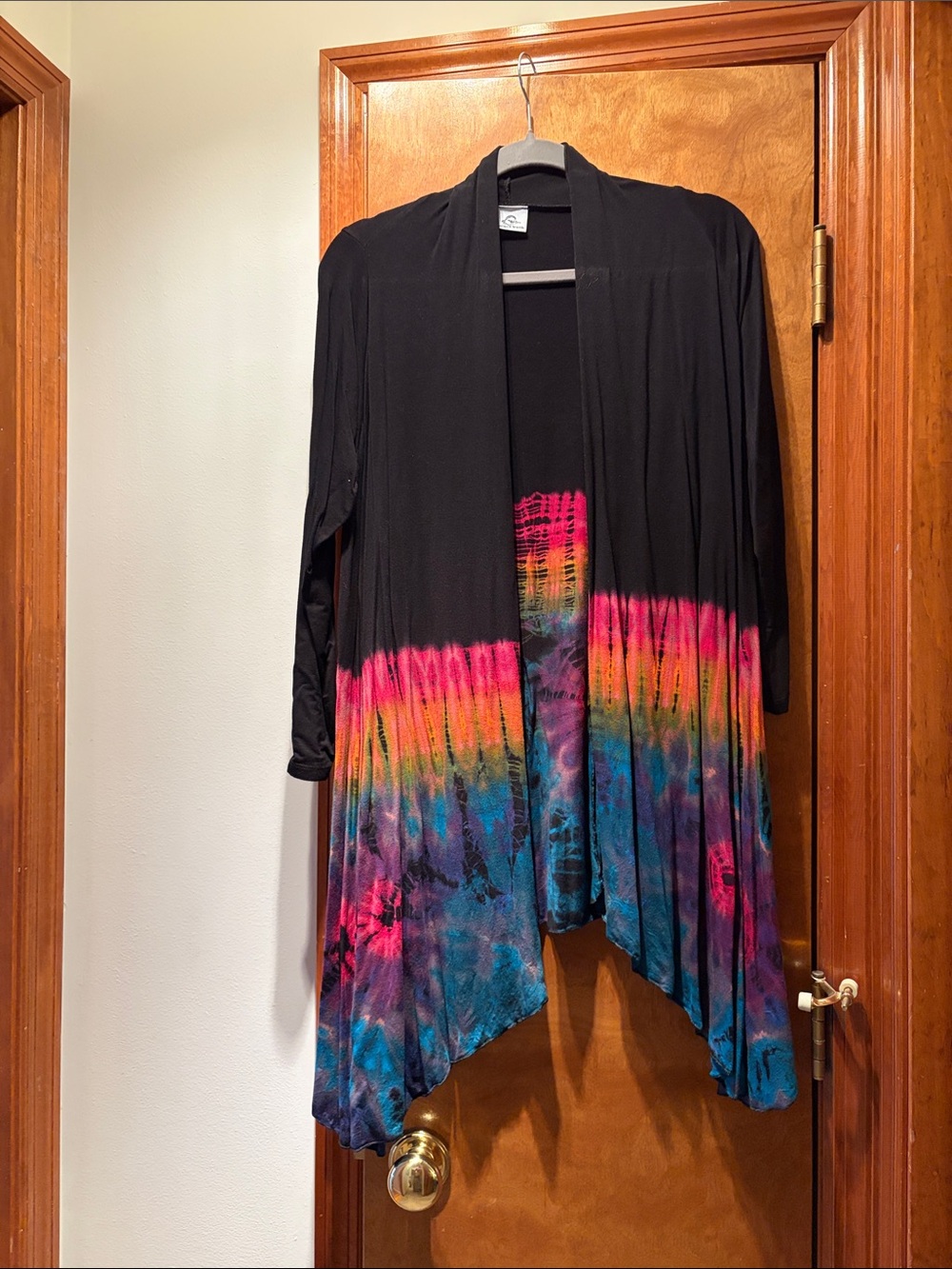 Black Open-Front Cardigan with Pink, Orange & Blue Tie-Dye Hem